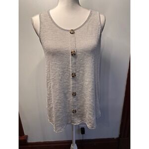 Gvft Womens Grey White Striped Ribbed Knit Button Front Tank Top Large